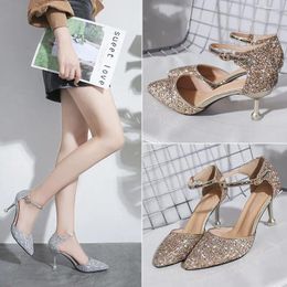 Dress Shoes 2024 Summer Edition Korea Sharp-pointed Sequins Shallow Single-heeled Silver High-heeled One-word Buckle