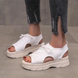 Casual Shoes Hollow Out Soft Ladies Summer Woven Mesh Surface Sandal Thick Bottoming Lace Up Fish Mouth Zapatillas De Mujer