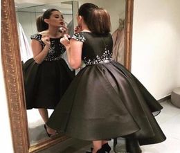 2019 Short homecoming Cocktail Dress Black Capped Sleeve High Low Beads Satin evening Gown dress Custom Size9178747