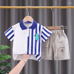 Clothing Sets 2024 Summer Kids Lovely Cartoon Striped Turn-down Collar Short Sleeve T-shirts And Shorts 2PCS Children Boy Outfit Set