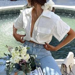 Women's Blouses Shirts Fashionable Knot Front Stretch Linen Cropped Shirt Vintage Short Sleeve Patch Pocket Chic Top