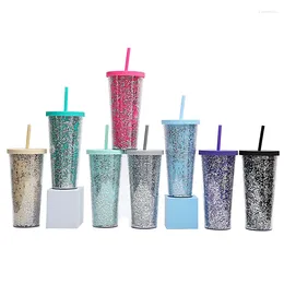 Mugs Creative Fashion Glitter Tumbler Cup 710ml 24oz Plastic Double Wall With Straw Flat Lid Coffee Gifts