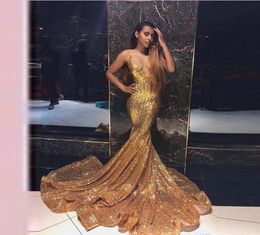 New South African Black Girls Gold Sequins Prom Dresses 2019 Mermaid Holidays Graduation Wear Evening Party Gowns Custom Made Plus9996649