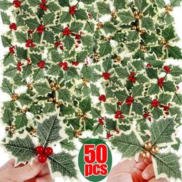 Decorative Flowers Christmas Artificial Holly Berries Leaves Simulation Red DIY Wreath Xmas Tree Fake Ornament Year Party Decor