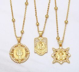 Pendant Necklaces FLOLA Bead Chain Saint Benedict Medal Necklace Copper Zircon White Stone Short Gold Plated Catholic Jewelry Nkea2925938