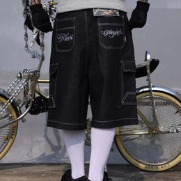 Hip Hop Summer Embroidery Floral Baggy Over Knee Jeans Shorts Mens Vintage Wide Leg Pockets Oversized Denim Five Point Pants 240412