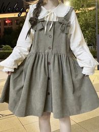 Work Dresses Sweet Small Bow Mid-length Strap Dress Student Woman 2024 Spring And Autumn Japanese Style Cute Doll Neck Shirts For Women
