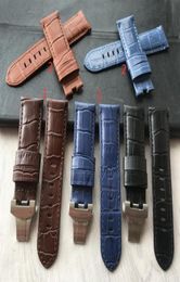 24mm Handmade Black blue Stitched Genuine Calf Leather Watch Strap Band For deployment buckle Watchband Strap for PAM3003751