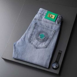 Men's Jeans designer High end Spring/Summer New Light Color Emblem Water Green Jeans Men's Elastic Slim Fit Small Feet Pants Men's Trendy Brand Pants