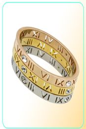 New Full Size 610 Rose Gold 18K 4 Diamond Couple Roman numeral Titanium Steel Tail Finger Ring for men and women9876086