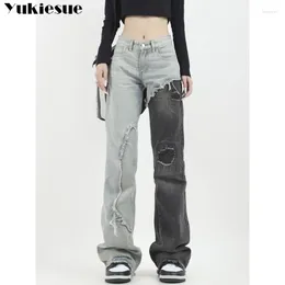 Women's Jeans 2024 Vintage Trousers High Waist Women Flare Pants Button Denim Patchwork Ripped Y2K Aesthetics Fashion Streetwear