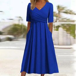 Casual Dresses 2024 Women's Pleated Long Skirt Summer V-Neck Half Sleeve Solid Colour Maxi Dress Ladies Fashion Pockets A-Line