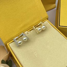 fendin earring woman gift New Letter f Diamond Pearl Earrings Female Elegant Small Simple and Versatile Silver Needle Earrings