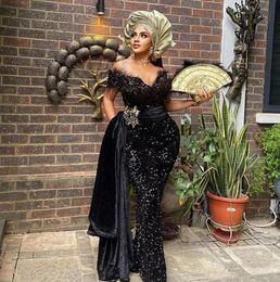Aso Ebi Mermaid Evening Dresses For Black Girls Sequined Sexy Party Gowns Feathers Off Shoulder deep V Neck sequined Prom Dress With Side Train