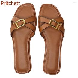 Slippers Square Toe Belt Buckle Women Flat Sole Cross Tied Fashion Casual Microfiber Comfortable Shoes 2024 Arrivals