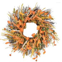 Decorative Flowers Autumn Artificial Harvest Wreath With Wheat And Orange Balls Plant Beautiful Fall Front Door Decorations