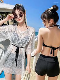 Women's Swimwear Spring Ladies Korea 2024 Slim Mesh Blouse Bikini Set Strip Steel Support Gathering Swimsuit Women