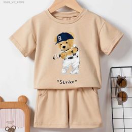 Clothing Sets 2024 Fashion New Baby Short Sleeve Shorts Set Cartoon Man And Woman Print Summer Fashion Cute Bear T240415