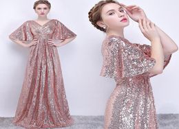 Evening Dresses Rose Gold Sequined Pleat Half Sleeves Deep Vneck Long Prom Gowns Vestido Fiesta Noche Elegante4059025