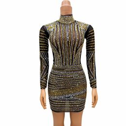 Club Party Short Dress Dance Costume Gold Crystals Mini Dress Women Singer Dancer Bar Stage Wear Birthday Prom Evening Performance Clothes