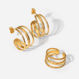 Gold-plated C-shaped earrings and geometric titanium steel ring set