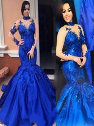 Fashion High Neckline Prom Dress Illusion Long Sleeve Sequined Applique Mermiad Evening Gowns 2017 Stunning Royal Blue Celebrity P9680471