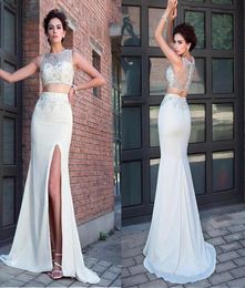 Bateau Neckline Two Piece SheathColumn Prom Dresses With Beading Front Slit Crystals Evening Dress Event Dress vestido formatura 1743669