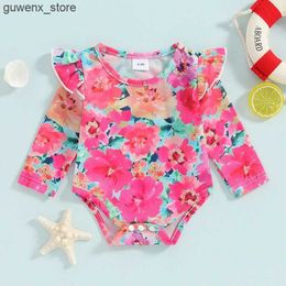 OnePieces 3M3TGirlS Baby Printed Long Sleeved Swimsuit Red Long Sleeved Flying Sleeve Round Neck HeartShaped Print Casual Daily Bikini Y240412 Y240412Y240417B15