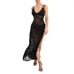 Casual Dresses Women Sheer Mesh Sleeveless Dress Summer See-Through Flower V-Neck Cami Backless Long Bodycon For Cocktail Club