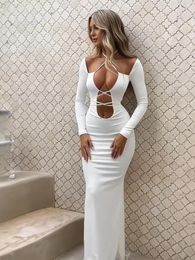 Casual Dresses Transition Sexy European And American Long Sleeve Dress Ins Style Stylish Niche Lace-up Waist-Controlled Cut Out Show Chest