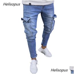 Jeans maschile Helisopus Fashion Men Pants tactical Cargo MTI Pocchette a matita con cerniera dritta taglio pantaloni in denim d18102402 consegna goccia dhzfg
