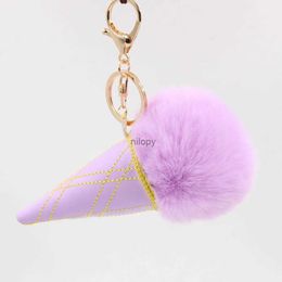 Keychains Lanyards Ice Cream PU Leather Keychain Simulation Rex Rabbit Hair Keyring Porte Clef Pompom De Fourrure Ladys Shoulder Bag Car Pendant