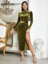 Casual Dresses Sexy Women's Army Green Velvet Dress Standing Neck Long Sleeve Sheer Plaid Bodycon Split Midi Cocktail Evening Party
