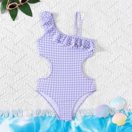 One-Pieces Fashion Slanted Shoulder Plaid Teenage Girls one piece Swimsuit 5-14 Year Summer Kids Swim Suits for girl Ruffled Swimwear Y240412