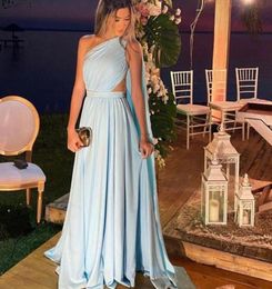 Light Blue Simple One Shoulder A Line Prom Dresses Long Chiffon Ruffle Pleats Floor Length Formal Evening Gowns Vestidos De Fiesta3889776
