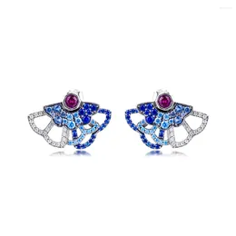 Stud Earrings 925 Sterling Silver Blue & Pink Fan Statement For Women Wedding Jewellery Ear Brincons Pendientes