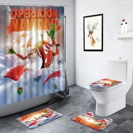 Shower Curtains Funny Santa Claus Parachute Christmas Decor Bathroom Set Year Xmas Bath Mat Toilet Cover Rug Non-slip Carpet