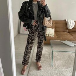 Women's Pants Leopard Print Pencil Slim Fit With Pockets For Women Stylish Mid-rise Long Trousers Button