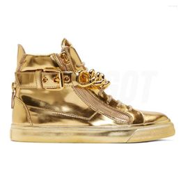 Casual Shoes Gold Sliver Mirror Leather Metal Chains Thick Sole For Men Double Zipper Round Toe Flat High Top Sneakers Masculino