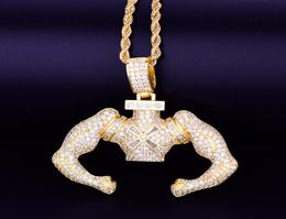 Gold Big Block Flexing Pendant Cuban Chain Necklace Silver Colour Cubic Zirconia Men039s Hip hop Rock Jewellery 52x5cm5136852