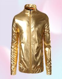 Whole Nightclub Trend Metallic Gold Shiny Jacket Men Veste Homme Fashion Brand FrontZip Lightweight Baseball Bomber Jacket B3006590