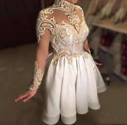 2017 High Collar Ball Gown Cocktail Dresses Mini Sheer Neck Appliqued Sexy Illusion Long Sleeves Backless Prom Gowns6946377