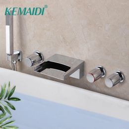 Bathroom Sink Faucets KEMAIDI 5pcs Faucet Mixer Taps Filler Handshower Chrome Solid Brass Bathtub Waterfall Roman Tub 3 Handles