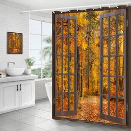 Shower Curtains Autumn Forest Landscape Brown Window Maple Trees Pathway Fall Nature Scenery Cloth Bathroom Decor Set With Hooks