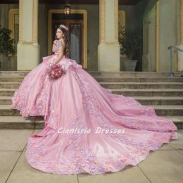 Pink Off The Shoulder Ruffles Quinceanera Dresses Ball Gown Colourful 3D Flowers Appliques Lace Corset Vestidos Para XV Anos