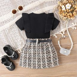 Clothing Sets Girls Summer 2 Piece Outfits Black Flying Sleeve Ribbed Tops Belted Plaid Skirt Set