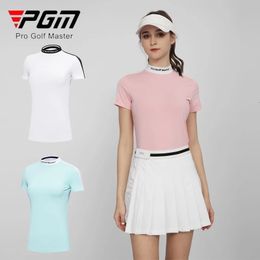 PGM Women Golf Tshirt Ladies Slim Short Sleeve Shirt Breathable Patchwork Tops Summer Stand Collar Quick Dry Sportwear 240416