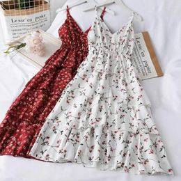 Casual Dresses Women Summer Bohemian Strap Dress Korean Print V-neck Backless Sundress Holiday Beach Sleeveless Cake Floral