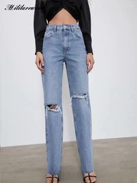 Women's Jeans Ripped Hole High Waist Women Straight Streetwear Trousers Femme Wide Leg Loose Female Casual Washed Zipper Pocket