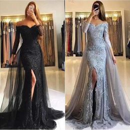 Eleganti abiti da ballo di spalla Abiti lunghi maniche lunghe Applique overskirt treno in tulle slitta sirena abiti da sera più taglia 401